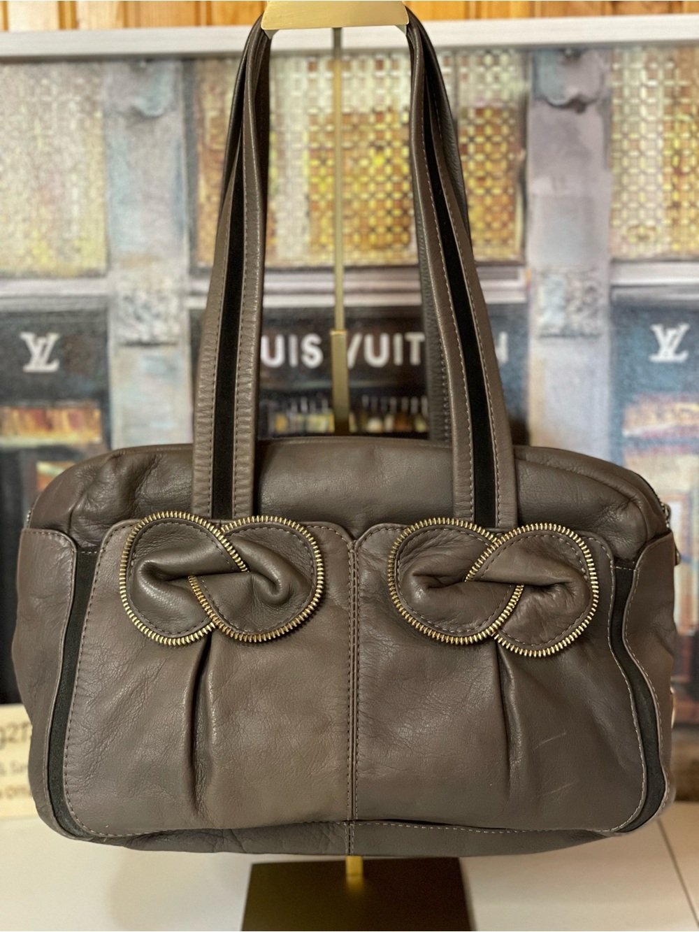See By Chloé Taupe Leather & Suede Bow Zip Satchel Shoulder Bag